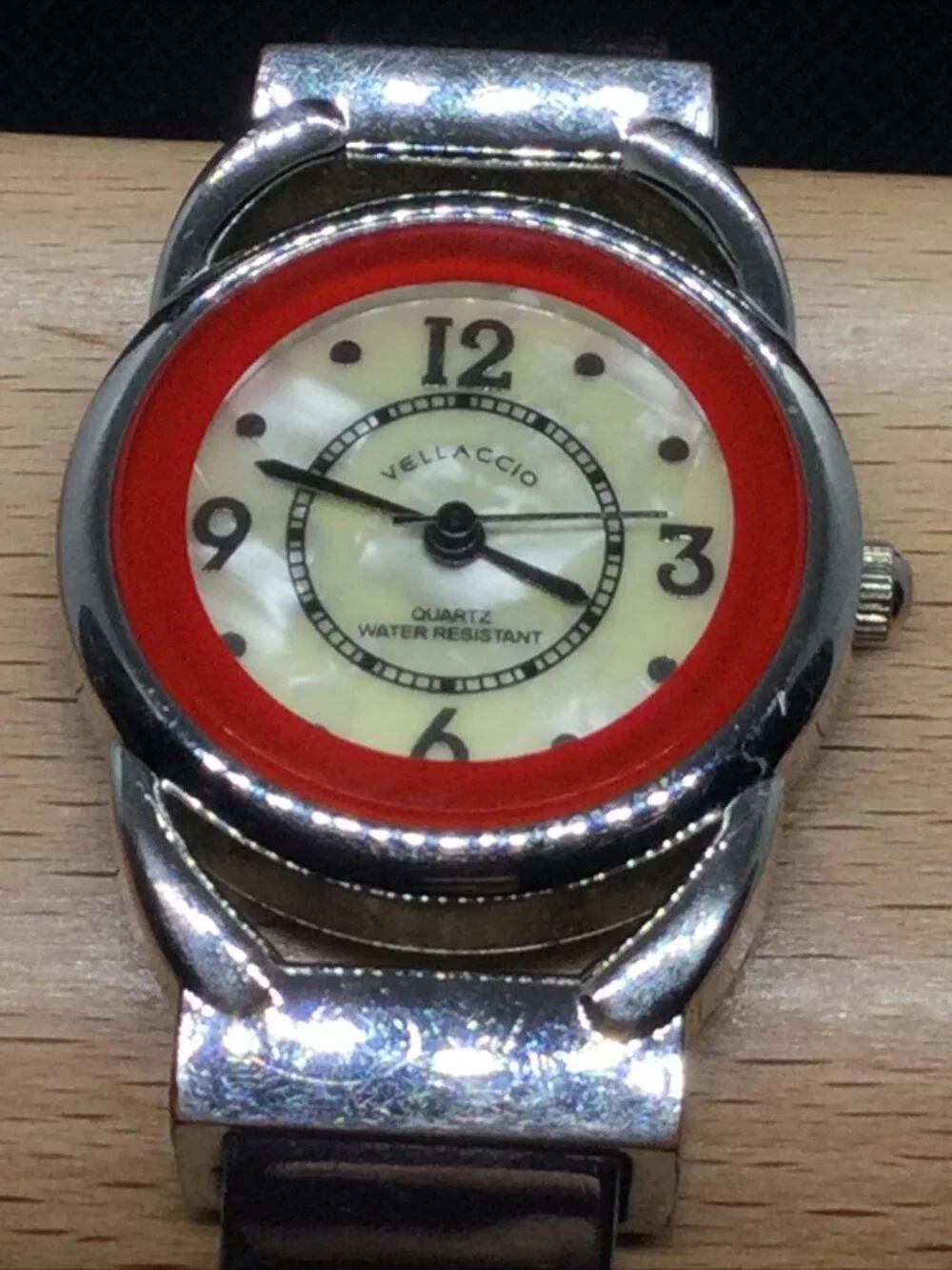 Vellaccio Ladies Quartz Watch 6” Open Cuff Metal Band Mop Dial 27mm Case